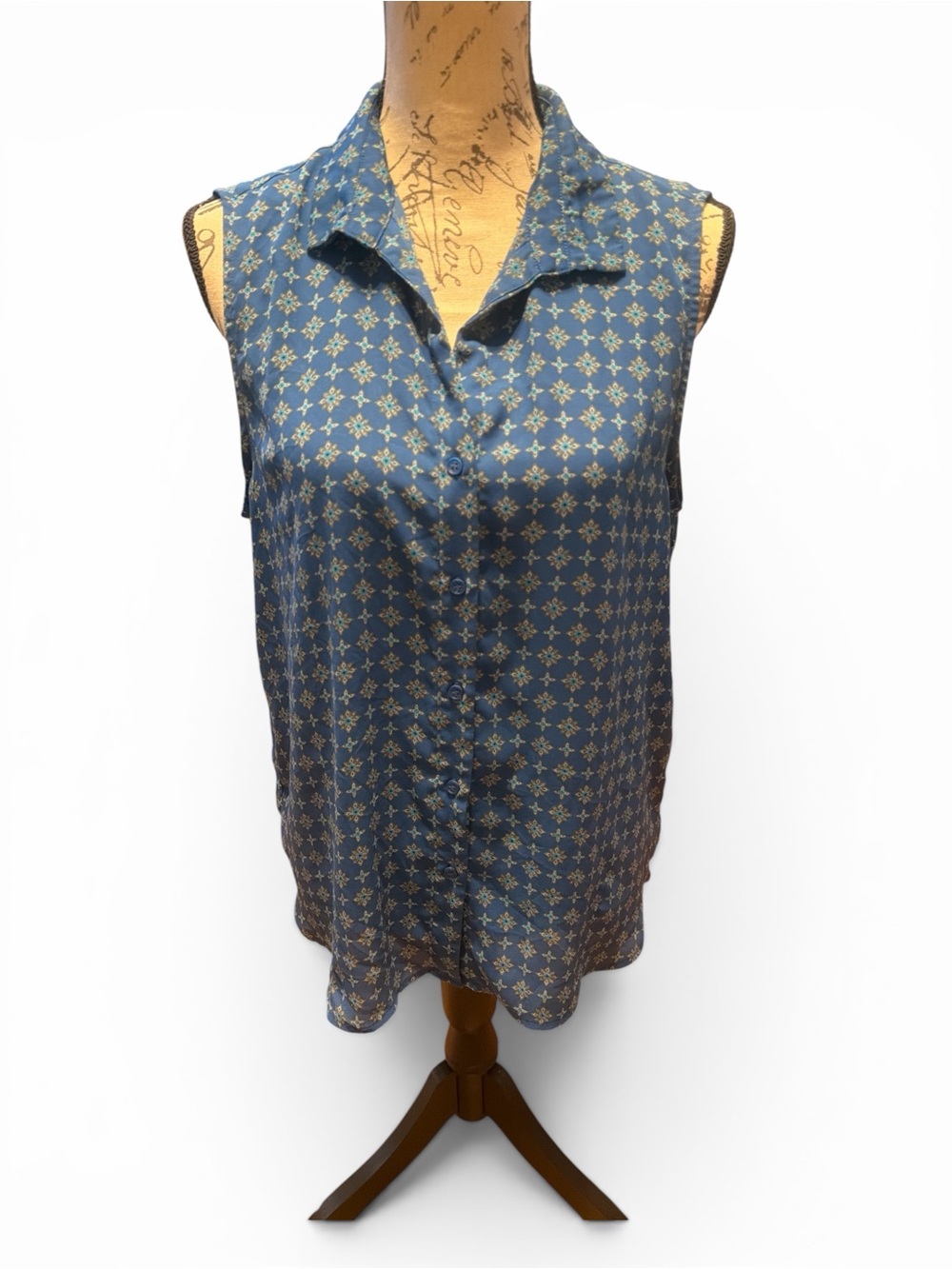 Pleione Blue Sleeveless Button-Down Printed Blouse
